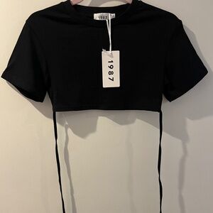 1987 Black Cropped Tee with Ties, New with Tags, Size Small